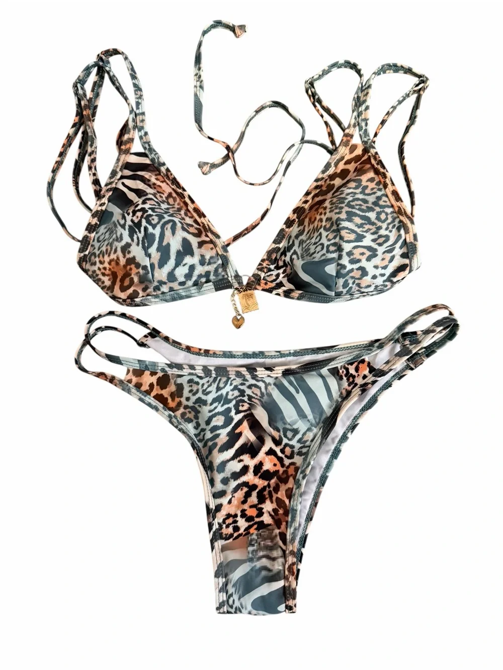SHEIN Blue & Brown Leopard Print Bikini with Gold Jewelry Charms size XS
